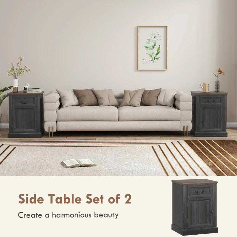 HOMCOM Side Table Set of 2, End Tables with Drawer and Cabinet, Nightstands for Small Spaces, Living Room, Black