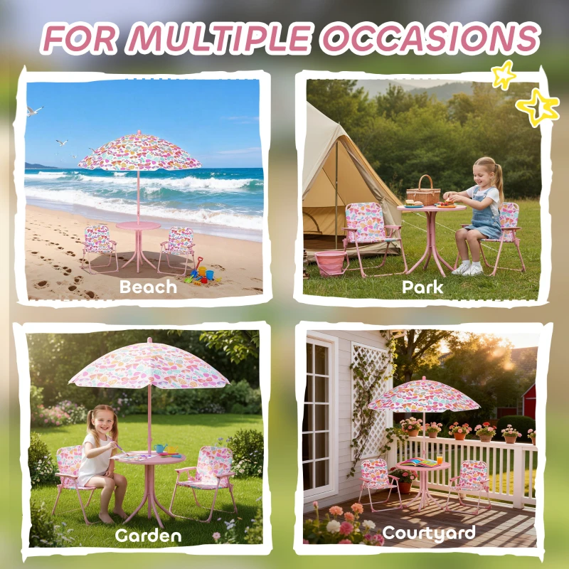 Qaba Kids Picnic Table and Chair Set, Outdoor Table with Foldable Chairs, Removable Umbrella, Pink