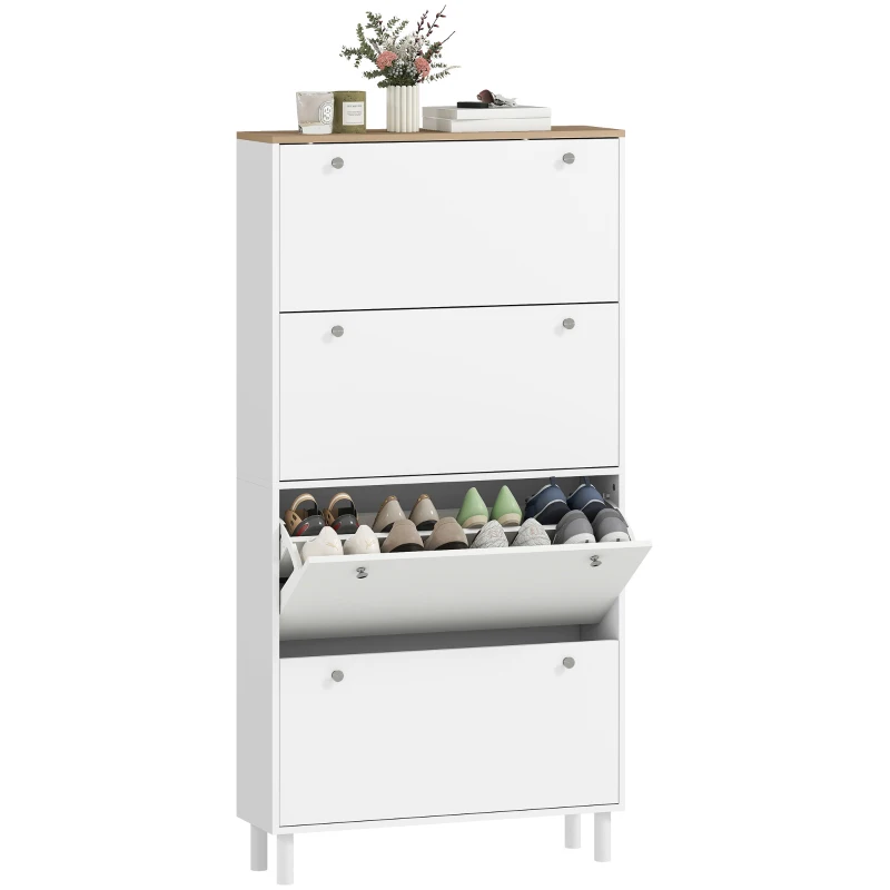 HOMCOM Narrow Shoe Cabinet with 4 Flip Drawers, Shoe Storage Cabinet with Adjustable Shelves, Holds 24–32 Pairs, White