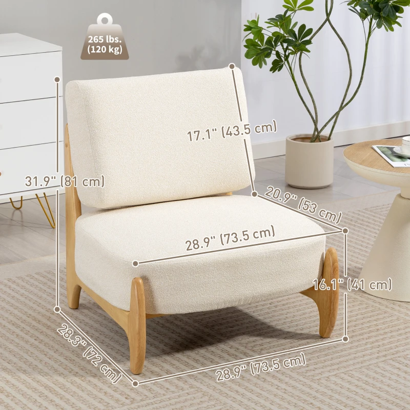 HOMCOM Accent Chair with Rubber Wood Frame, Wide Seat, Modern Chenille Bedroom Chair with Thick Cushion, Cream White