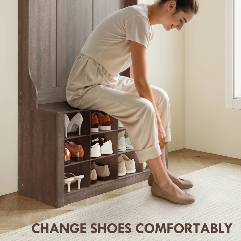 HOMCOM 4-In-1 Hall Tree with Bench and Shoe Storage, Farmhouse Coat Rack Shoe Bench with 12 Shoe Cubbies, 6 Hooks, Dark Brown