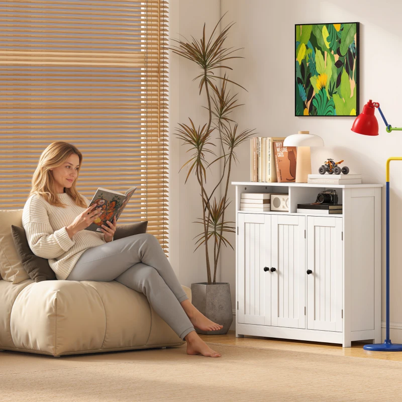 HOMCOM Bathroom Floor Cabinet, Freestanding Bathroom Storage Unit with 3 Doors, 2 Open Shelves and Adjustable Shelf, White