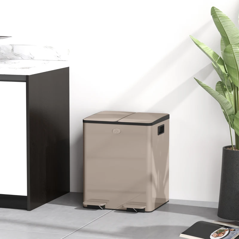 HOMCOM Dual Garbage Bin, Soft-Close Trash Can with Foot Pedal, 2 x 20 Liter Garbage Can with Removable Inner Buckets, Gold