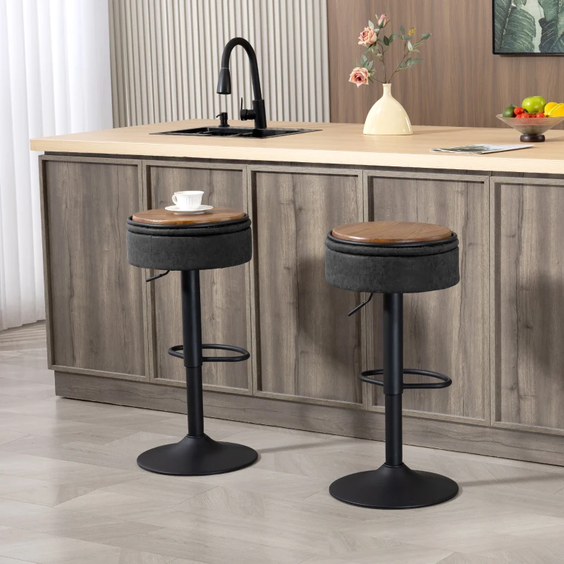 HOMCOM Set of 2 Barstools with Storage, Swivel Bar Stools with PU Leather Upholstered, Footrest, Steel Base, Black