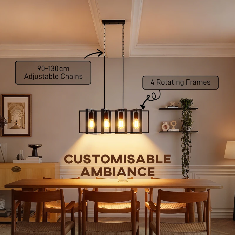 HOMCOM Farmhouse Kitchen Island Lighting, Linear Pendant Light with 4 Rotatable Frames and Adjustable Height, Black