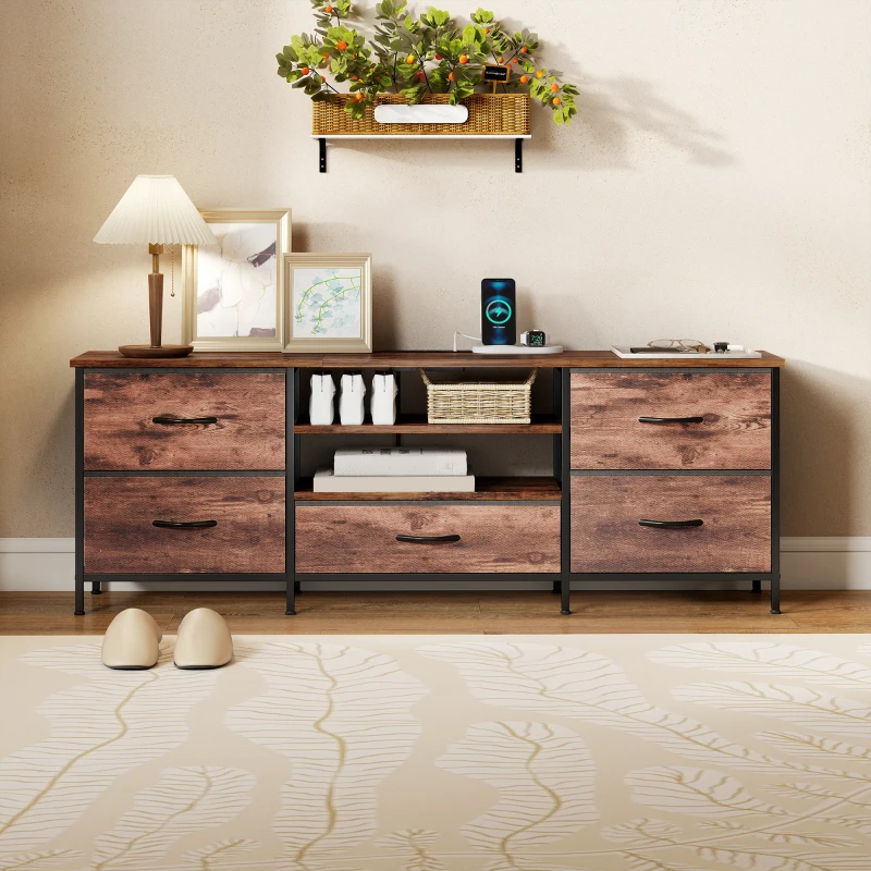 HOMCOM TV Stand for TVs up to 65 Inch, Industrial TV Console with Charging Station, 5 Drawers and Open Shelves, Rustic Brown