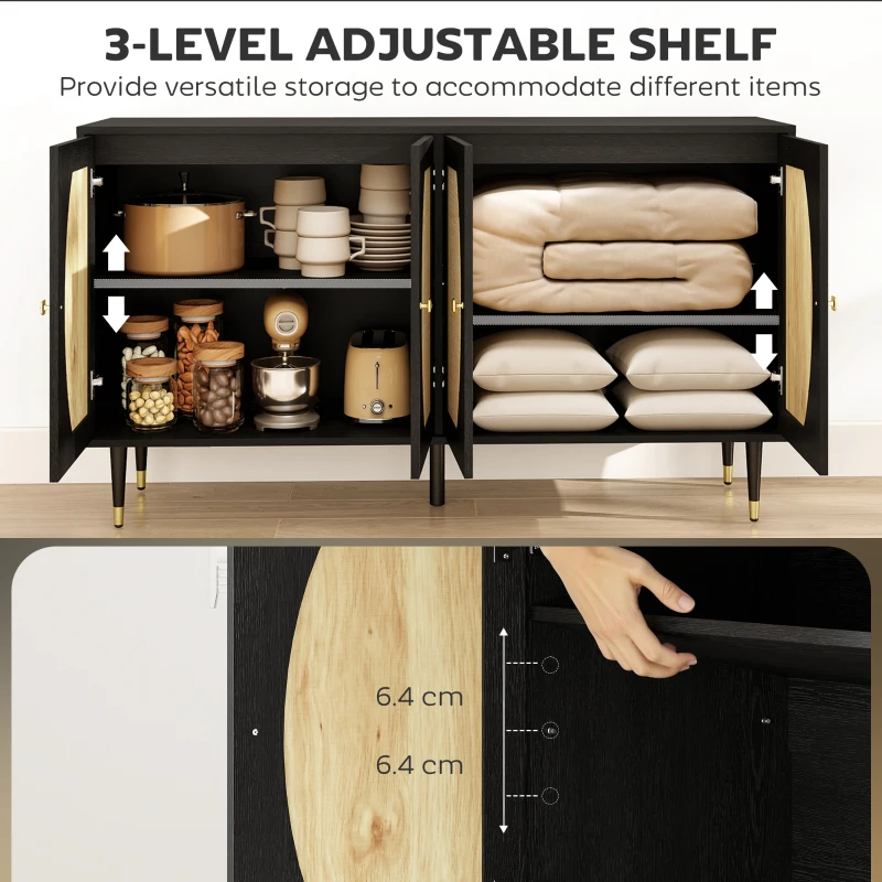 HOMCOM 55" Sideboard Buffet Cabinet, Boho Storage Cabinet with Adjustable Shelves, Soft Close Doors and Rattan Front, Black