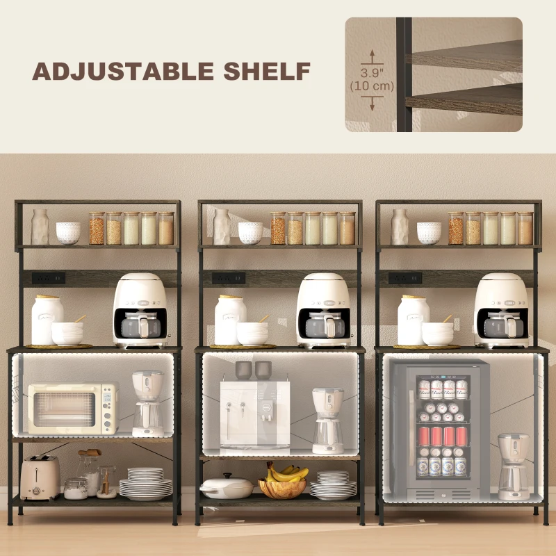 HOMCOM Baker's Rack with Charing Station, Microwave Shelf with Power Outlet, USB Charger and 5 Hooks, Distressed Grey