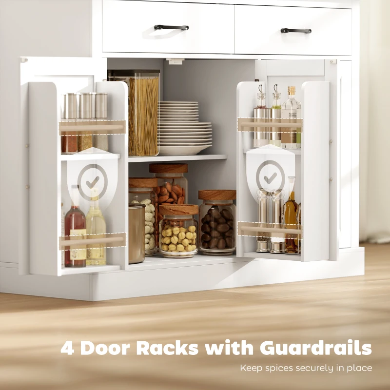 HOMCOM 7 Gallon Tilt Out Garbage Cabinet, Kitchen Island with Charging Station, 2 Drawers, 4 Door Racks, White