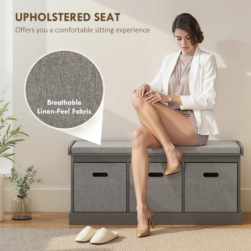 HOMCOM Shoe Storage Bench with Seat, Entryway Bench Seat with Cushion, 3 Fabric Drawers for Hallway, Dark Grey