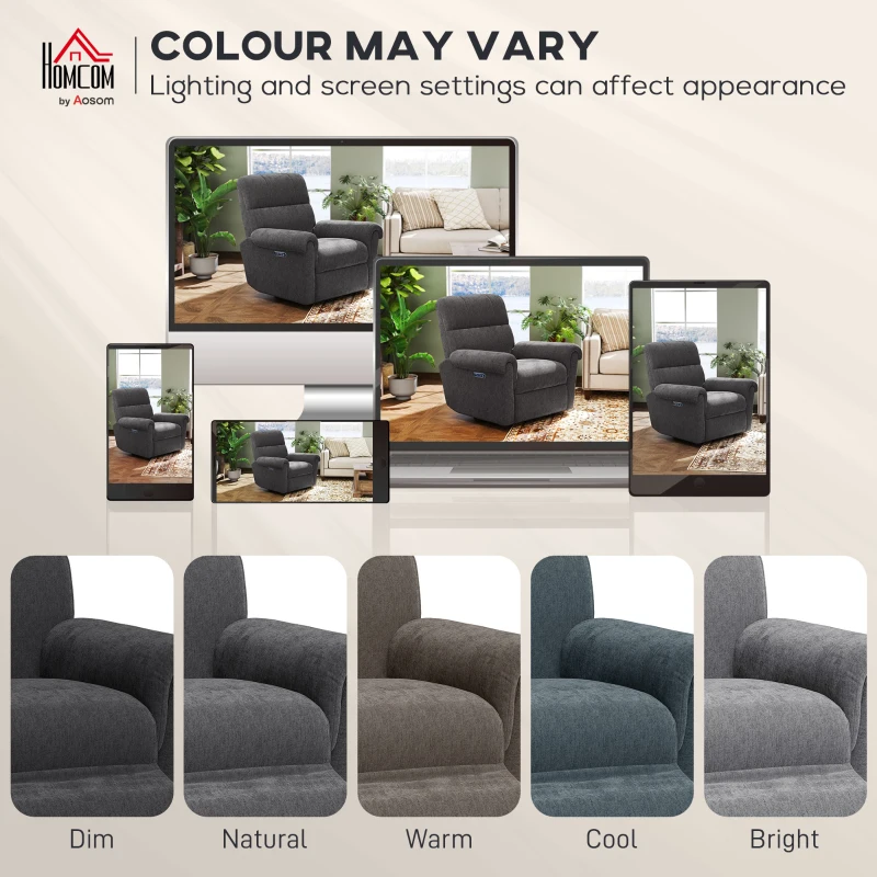 HOMCOM Power Recliner Chair, Fabric Upholstered Recliner Chair with USB Ports, Swivel and Rocking Function, Footrest, Dark Grey