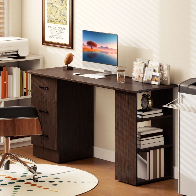HOMCOM Computer Desk, 55" Writing Table with 3-Tier Shelves and 3 Reversible Drawers for Home Office, Bedroom, Walnut
