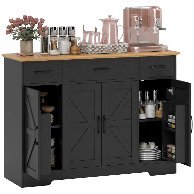 HOMCOM 47" Buffet Cabinet with Soft-Close Hinges, Farmhouse Sideboard with 3 Drawers, Adjustable Shelves and Spice Racks, Black