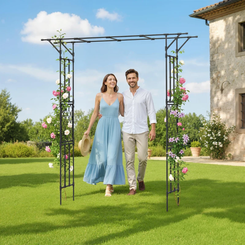 Outsunny Garden Arch, PE-Coated Steel Outdoor Trellis Arbor for Climbing Plants, Wedding Arch, 70.9" x 15.7" x 84.6", Black