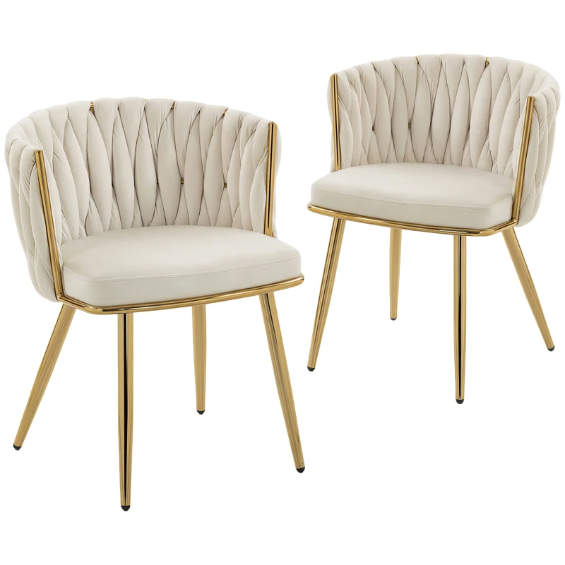 HOMCOM Modern Dining Chairs Set of 2, Velvet-Feel Upholstered Kitchen Chairs with Woven Backrest and Metal Legs, Cream White