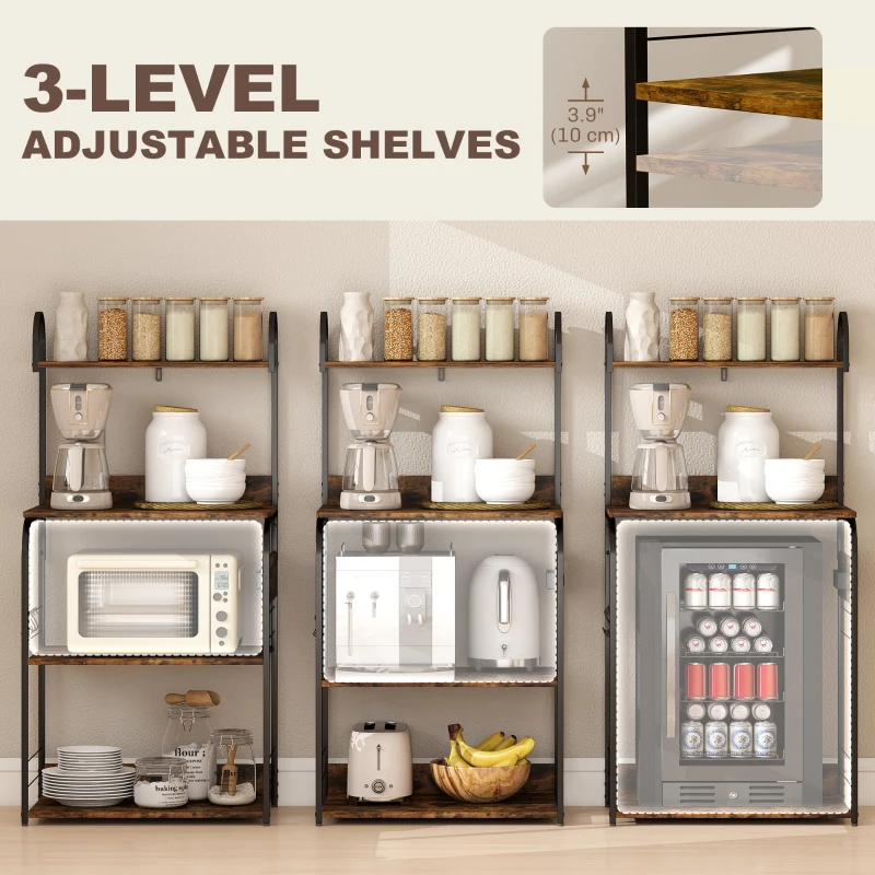 HOMCOM Baker's Rack with Charing Station, Microwave Shelf with Power Outlet, USB Charger and 4 Hooks, Rustic Brown