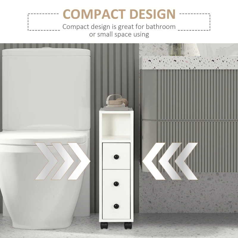 kleankin Slim Bathroom Cabinet with Wheels, Narrow Bathroom Storage Cabinet with Door, Drawer and 2 Open Compartments, White