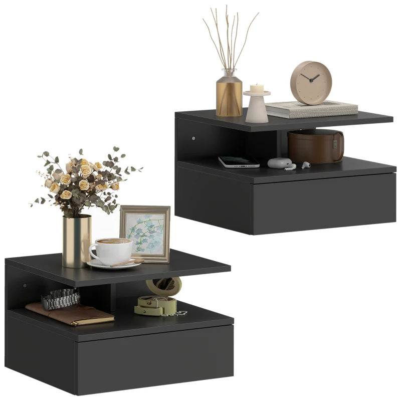 HOMCOM Floating Nightstand Set of 2, Wall Mounted Bedside Table with Drawer and Shelf, Small Night Stand for Bedroom, Black