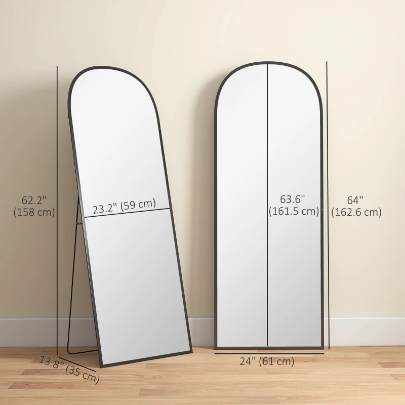 HOMCOM Arched Standing Mirror, 64" x 24" Full Length Mirror, Free Standing or Wall Mounted for Living Room, Bedroom, Black