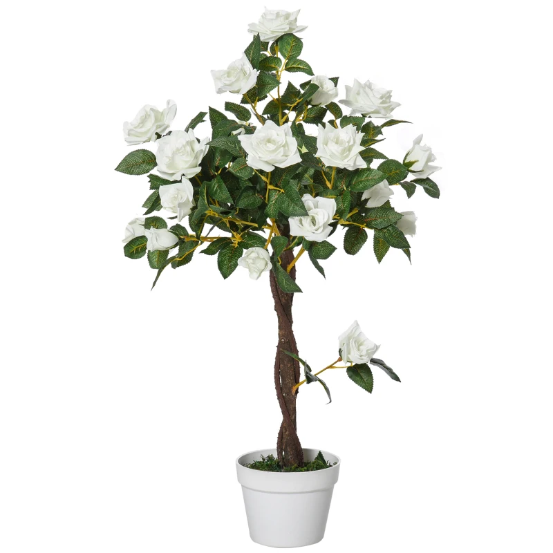 Outsunny 3FT Artificial Plant White Rose Floral in Pot, Fake Plant for Home Indoor Decor