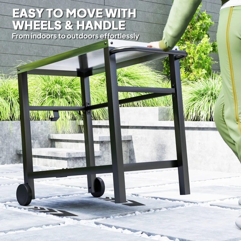 Outsunny Outdoor Grill Dining Cart with Stainless Steel Tabletop, 2-Shelf BBQ Movable Pizza Oven Stand with Wheels, Charcoal Grey