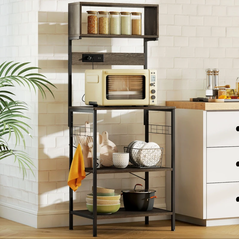 HOMCOM Baker's Rack with Charing Station, Microwave Shelf with Power Outlet, USB Charger and 5 Hooks, Distressed Grey