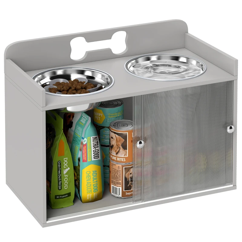 PawHut Elevated Dog Bowls with Storage, Raised Dog Bowl Stand with 2 Stainless Steel Bowl for Large Dogs, Gray