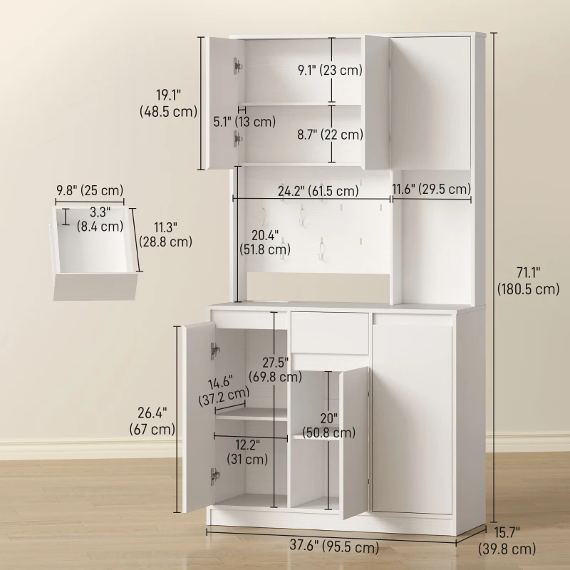 HOMCOM 71" Pantry Cabinet with Charging Station, Kitchen Storage Cabinet with Microwave Stand, Pegboard, 6 S-hooks, White