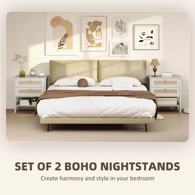 HOMCOM Set of 2 Boho Bedside Tables, Rattan Nightstands with 2 Drawers, Storage Shelf, End Side Tables for Bedroom, White Oak