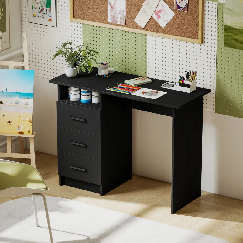 HOMCOM Computer Desk with Storage, 39" Home Office Desk with 3 Drawers nad Open Shelf, Writing Table for Bedroom, Black