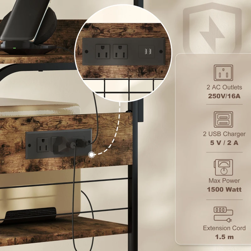 HOMCOM Baker's Rack with Charing Station, Microwave Shelf with Power Outlet, USB Charger and 4 Hooks, Rustic Brown