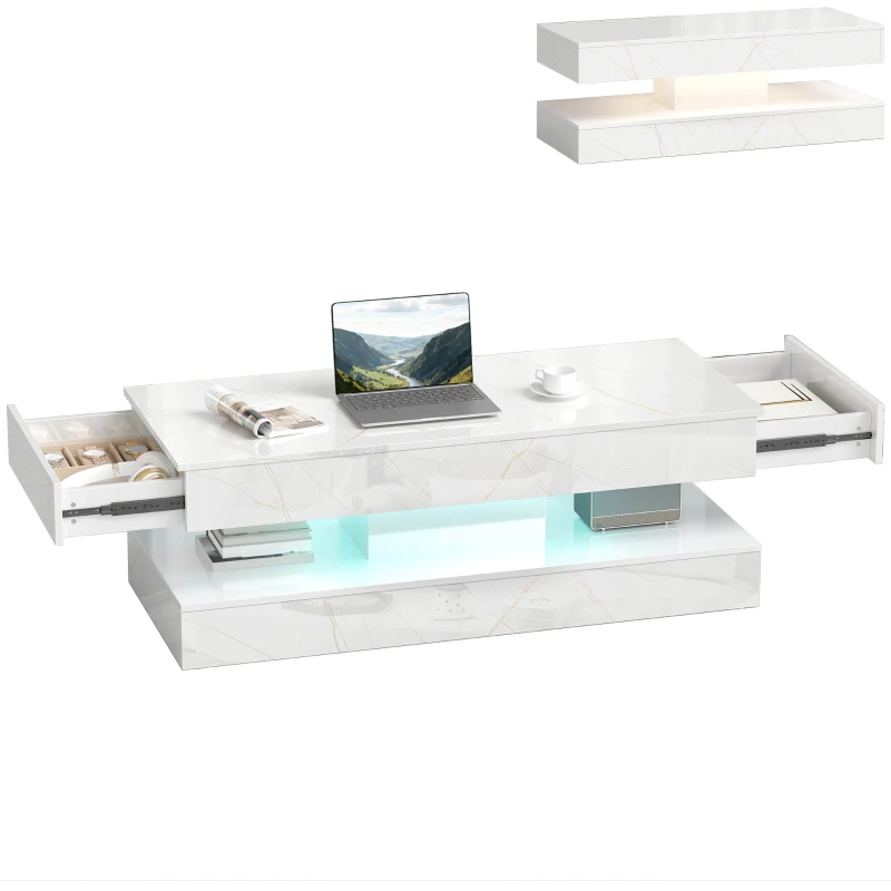 HOMCOM Coffee Table with Adjustable LED Lights, Center Table with 2 Drawers, Open Shelf, Remote, High Gloss Marble-Effect White