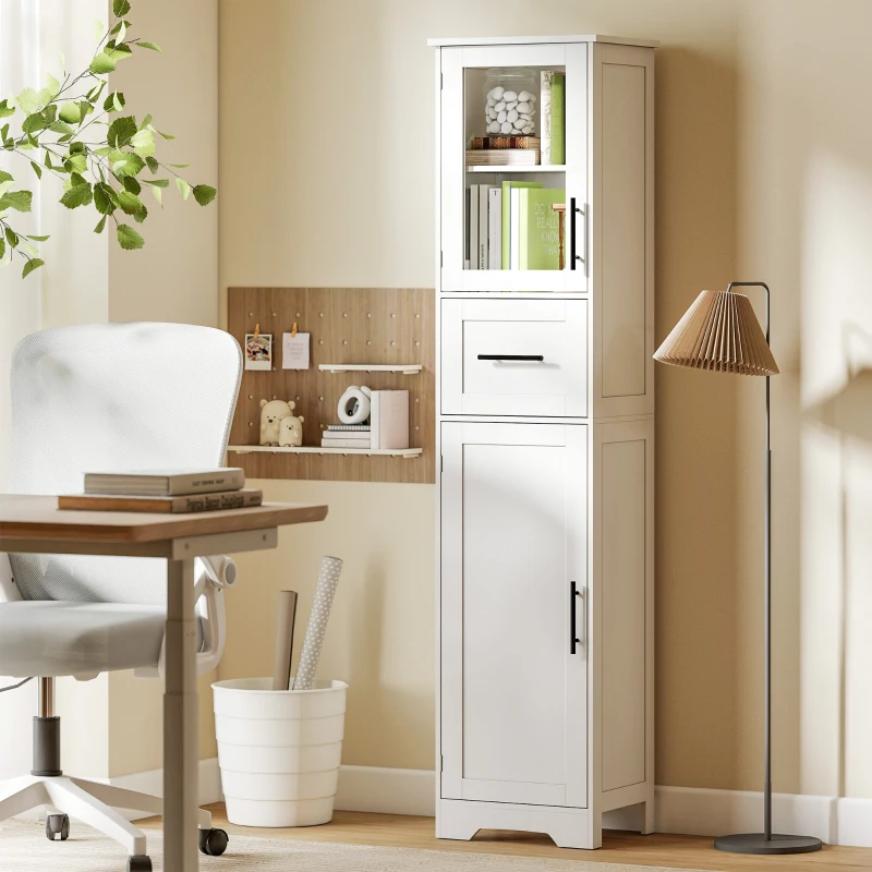 HOMCOM 67" Tall Bathroom Storage Cabinet, Freestanding Narrow Bathroom Cabinet with Adjustable Shelves, Glass Door and Drawer