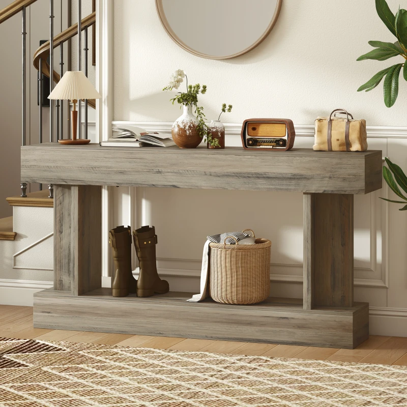 HOMCOM 63 Inch Long Console Table, Vintage Narrow Entryway Table with Storage Shelf for Living Room and Hallway, Light Brown