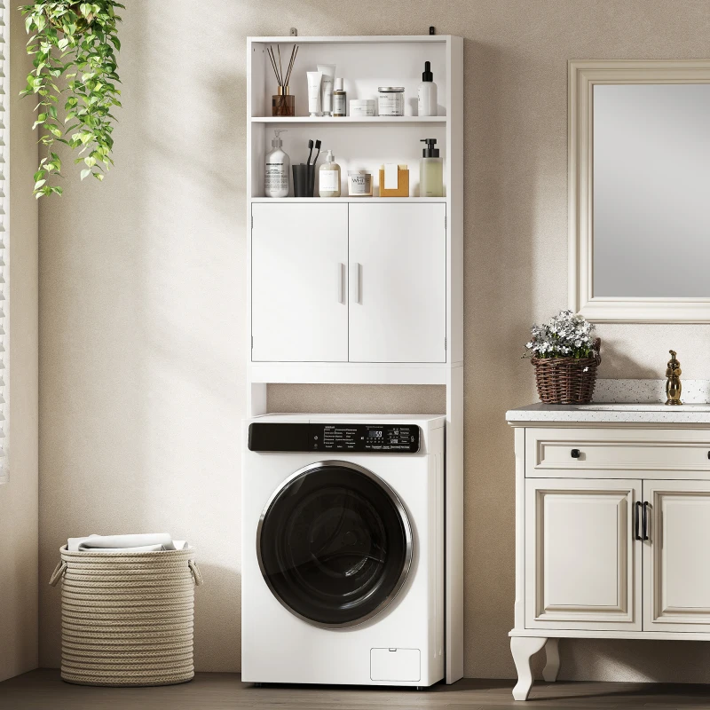 HOMCOM Over The Toilet Storage Cabinet, Freestanding 4-Tier Bathroom Organizer with Adjustable Shelf and 2 Doors, White