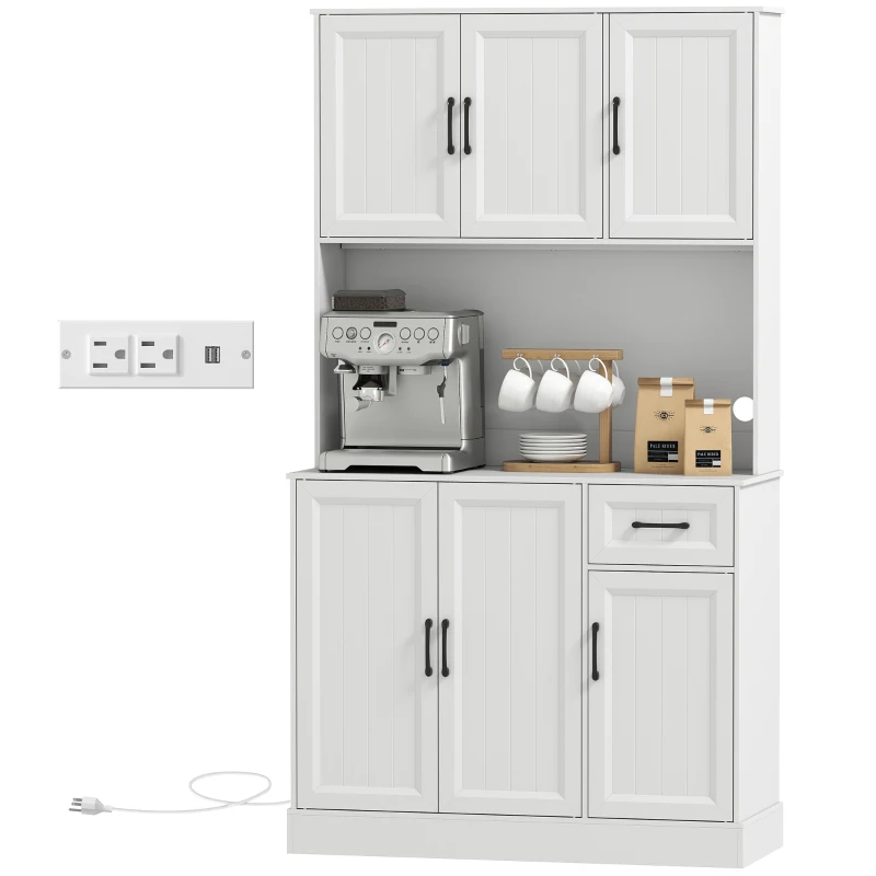HOMCOM 71" Pantry Cabinet with Charging Station, Kitchen Storage Cabinet with Microwave Stand, Adjustable Shelves, White