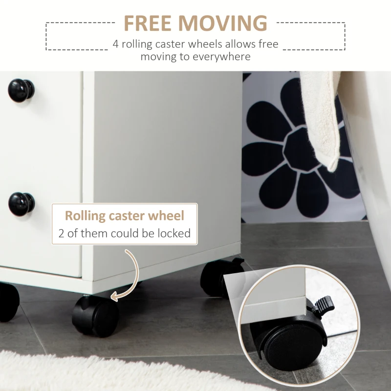 kleankin Slim Bathroom Cabinet with Wheels, Narrow Bathroom Storage Cabinet with Door, Drawer and 2 Open Compartments, White