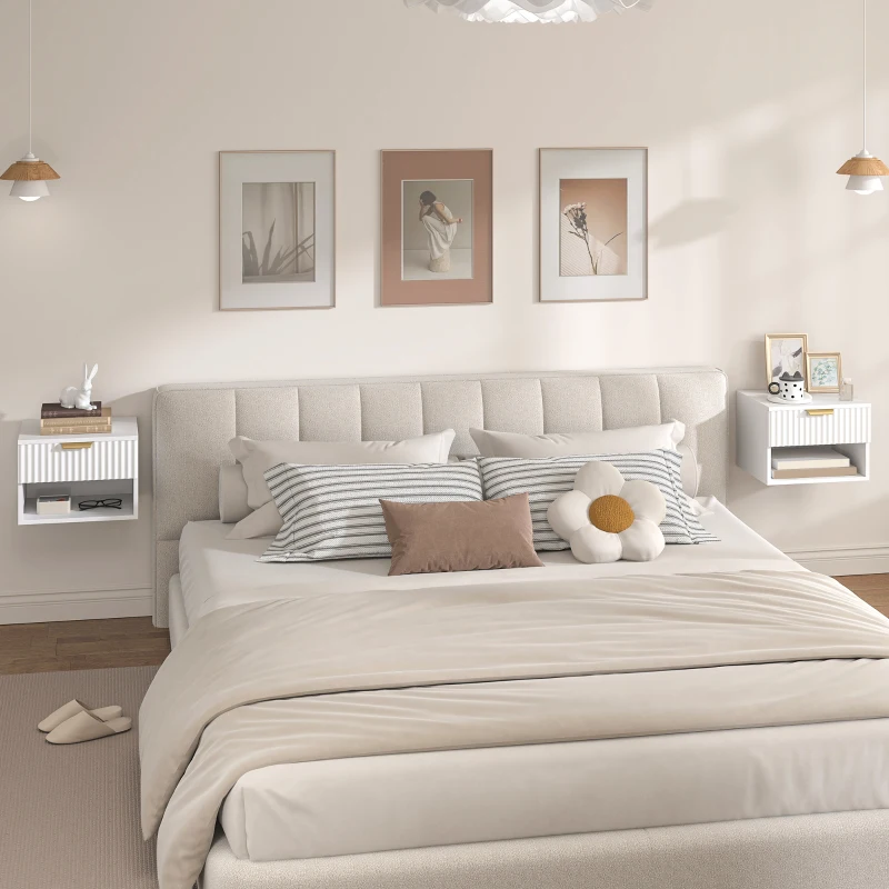 HOMCOM Floating Nightstands, Wall Mounted Bedside Tables Set of 2 with Drawer and Open Shelf, White