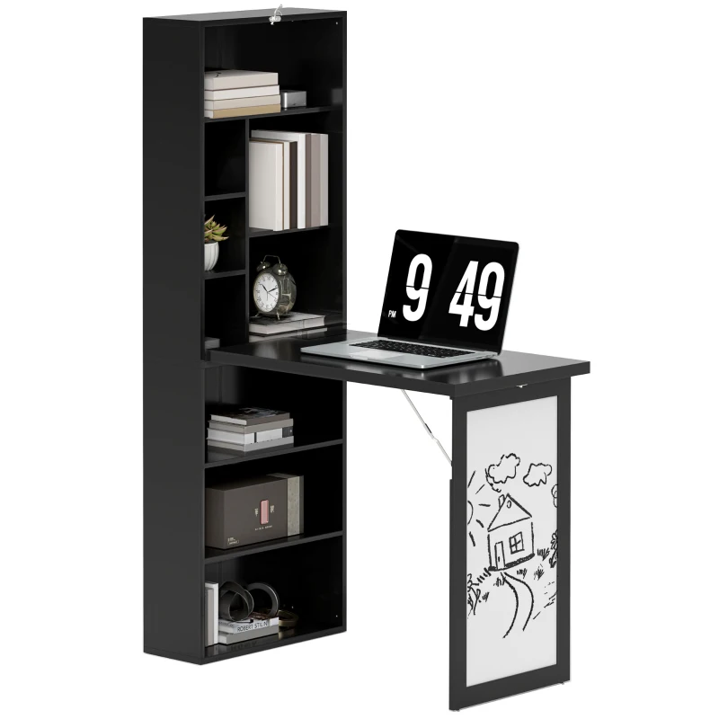 HOMCOM Fold-out Convertible Office Desk, Wall Mount Computer Desk with Whiteboard and Side Shelf, Black