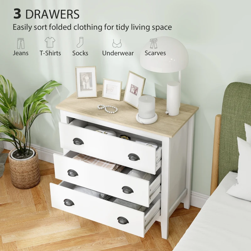 HOMCOM Chest of Drawers with Anti-Tipping, Simple Setup, Easy Clean, Quiet Slides, Modern 3 Drawer Dresser, White