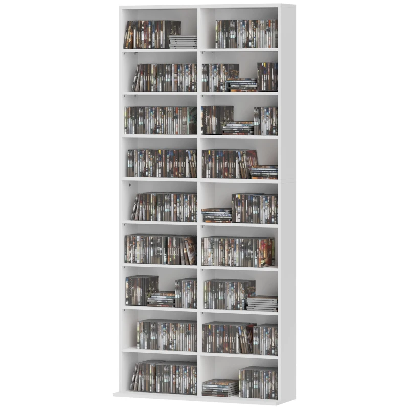 HOMCOM 9-Tier DVD Shelf with 18 Compartments and 14 Adjustable Shelves, Holds 640 CDs, 360 DVDs or 430 Blu-rays, White