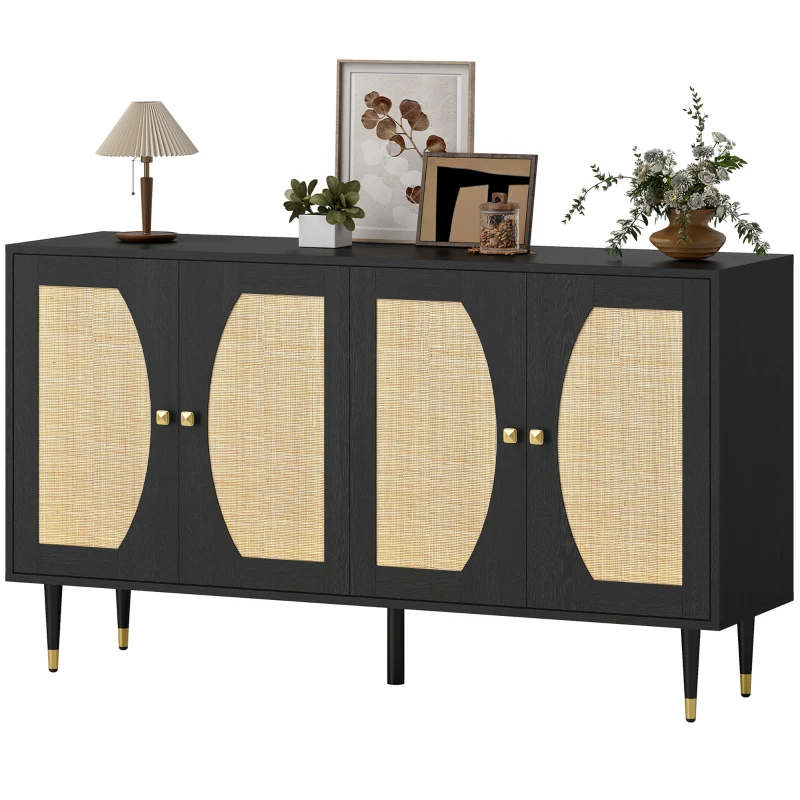 HOMCOM 55" Sideboard Buffet Cabinet, Boho Storage Cabinet with Adjustable Shelves, Soft Close Doors and Rattan Front, Black