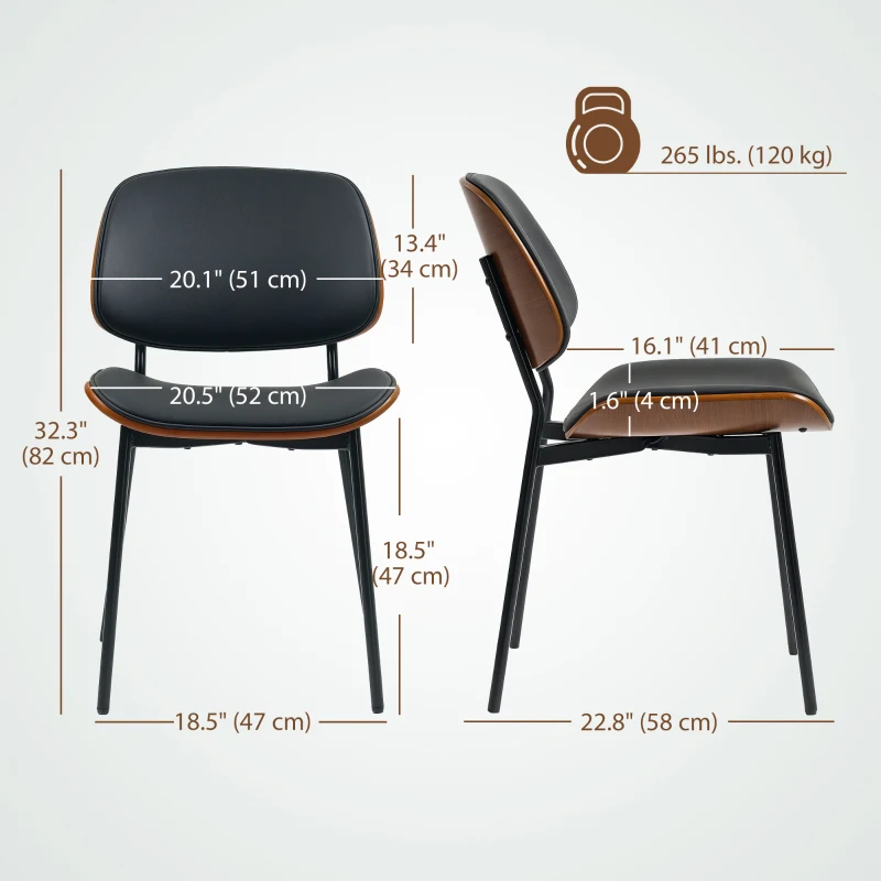 HOMCOM Dining Chairs Set of 2, Mid Century Modern Dining Room Chairs with Bentwood Back and Metal Legs for Kitchen Living Room