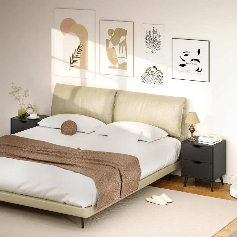 HOMCOM Modern Bedside Table Set of 2, Nightstand with 2 Drawers and Pine Wood Legs for Bedroom, Living Room, Black