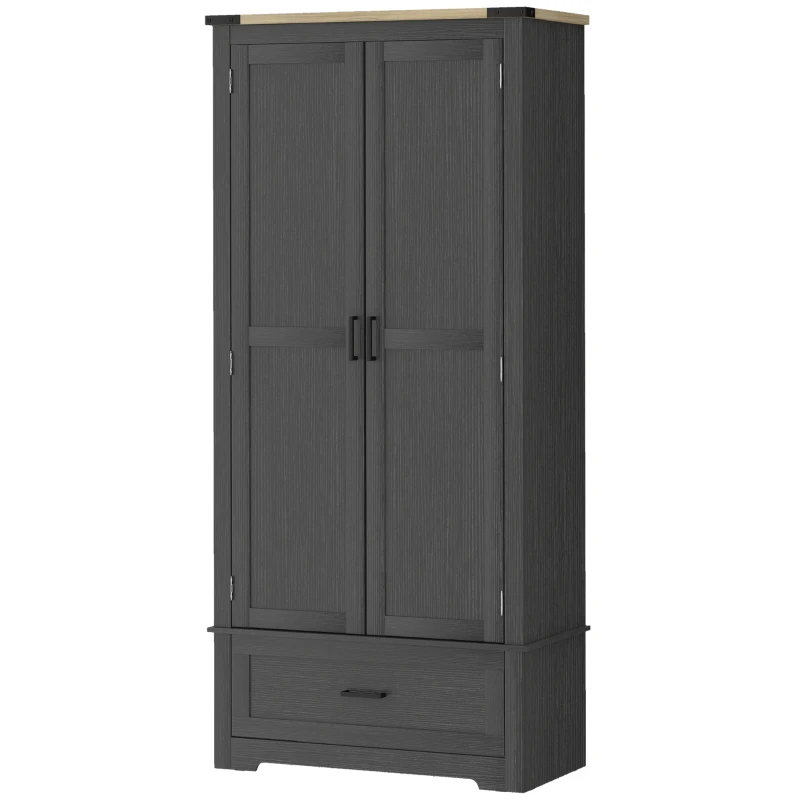 HOMCOM 69" Tall Farmhouse Kitchen Pantry Cabinet with 2 Doors, Drawer and Adjustable Shelves, Black and Brown