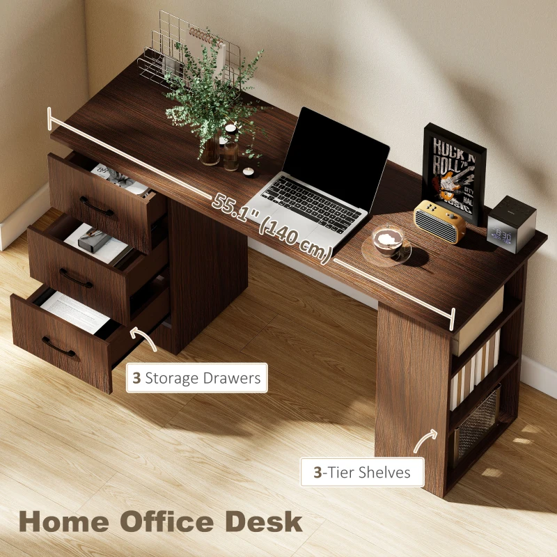 HOMCOM Computer Desk, 55" Writing Table with 3-Tier Shelves and 3 Reversible Drawers for Home Office, Bedroom, Walnut
