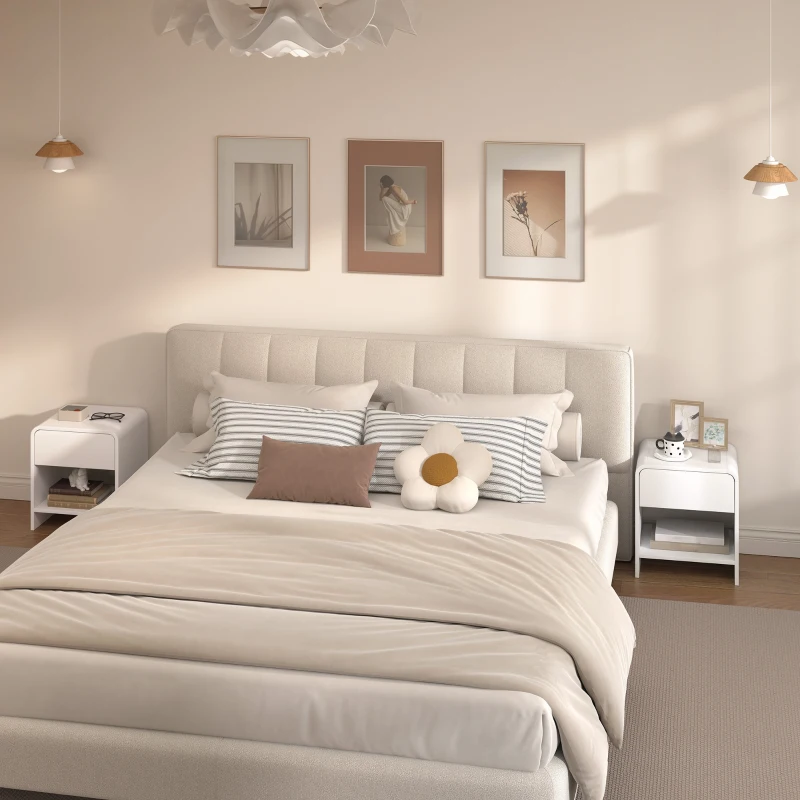 HOMCOM Nightstand Set of 2, Modern Bedside Table with Rounded Corners, Nightstand with Drawer and Open Shelf, Distressed White