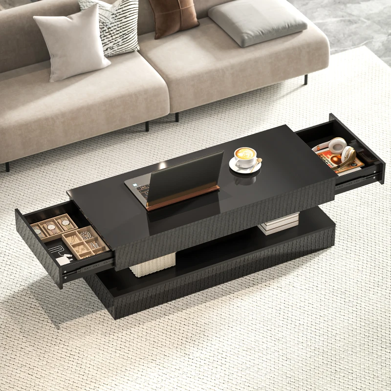 HOMCOM Coffee Table with Adjustable LED Lights, Modern Living Room Table with 2 Drawers, Open Shelf, Remote, High Gloss Black