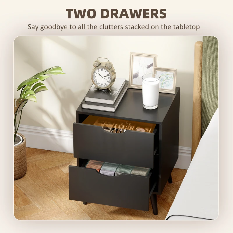 HOMCOM Modern Bedside Table Set of 2, Nightstand with 2 Drawers and Pine Wood Legs for Bedroom, Living Room, Black