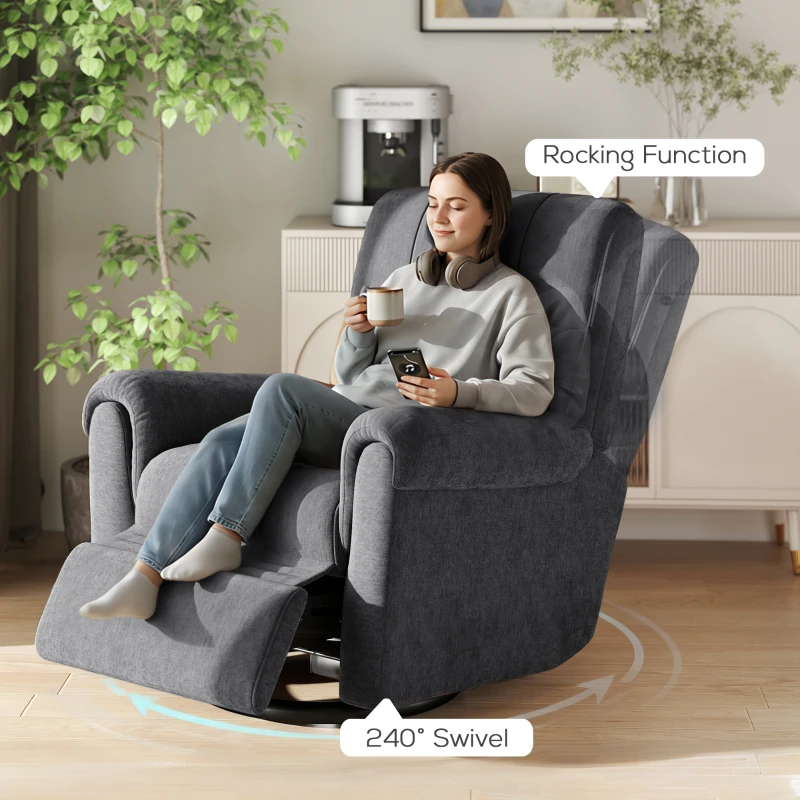 HOMCOM Power Recliner Chair, Fabric Upholstered Recliner Chair with USB Ports, Swivel and Rocking Function, Footrest, Dark Grey